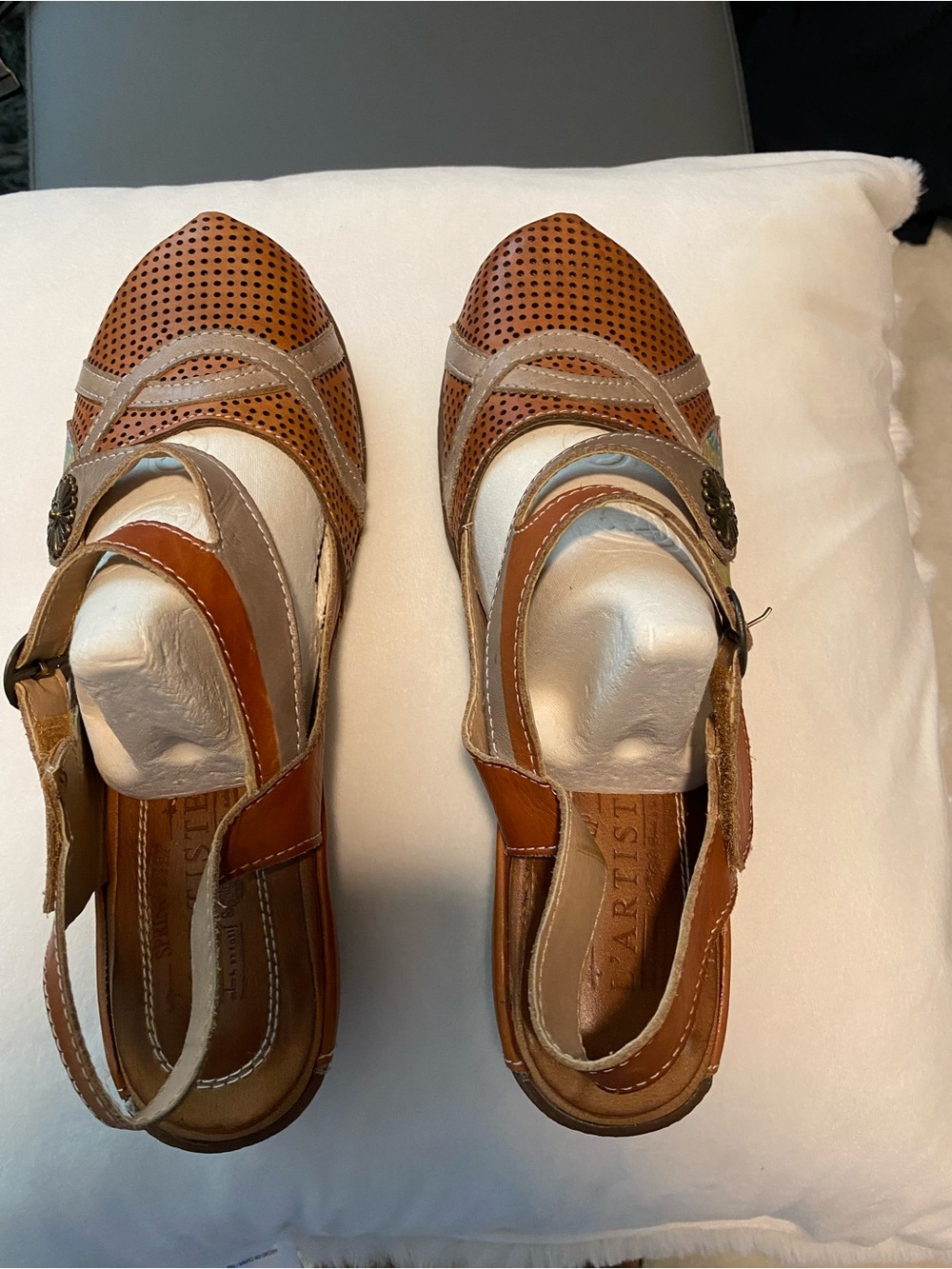 L’artiste Tan & Taupe Perforated Leather Slingback Flats with Buckle